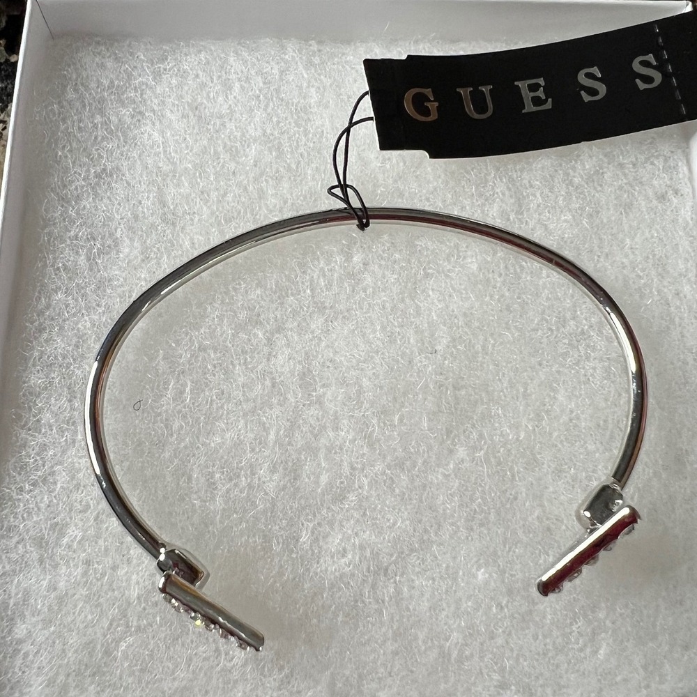 Guess Silver Tone Crystal Triangle Logo Open Cuff Bracelet New With Tags